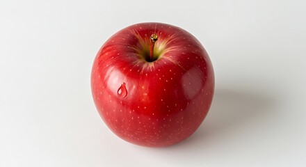 High-Resolution Close-Up of Single Red Apple with Dew-Like Droplet on Pristine White Surface Showcasing Crisp Texture and Vibrant Color