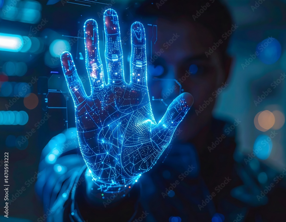 Poster blue light glows from a digital hand displaying binary code, a concept of technology and power