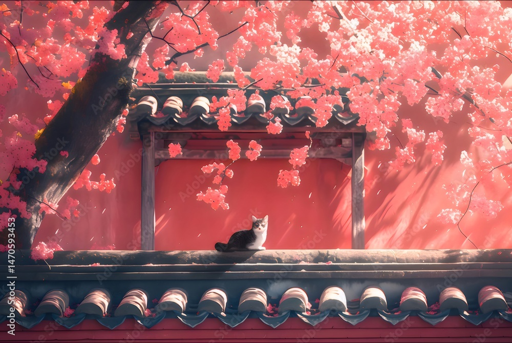 Aufkleber 赤い壁に座る猫と満開の桜の木 日本の伝統的な建築 美しい風景 静かな雰囲気 ピンク色の日差し