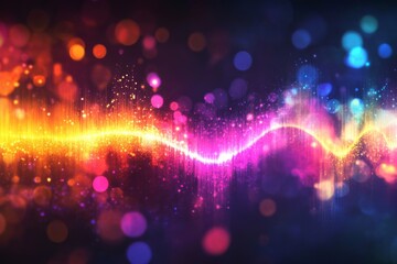 Obraz premium neon banner of sound waves pulsing through the air, with varying colors and frequencies vibrant illustration on black background with copy space. Glowing audio simulation. AI app for music composing.