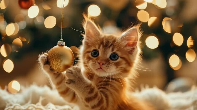 A vibrant ginger kitten stands on a soft, white blanket, its attention fixed on a shimmering gold ornament dangling before it. Bokeh lights in the background enhance the warm, festive atmosphere.