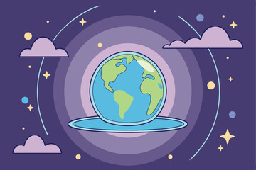 Naklejka premium Floating Earth Globe: Stylized Planet Earth Suspended in a Cosmic Environment with Clouds and Stars, Representing Global Harmony and Celestial Wonder.