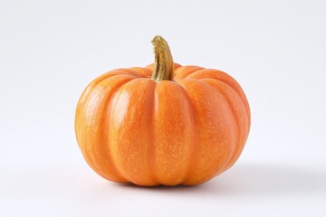 A vibrant orange pumpkin sits on a white background. Its smooth skin and classic shape are a symbol of autumn.