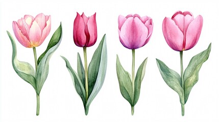 Obraz premium Exquisite Watercolor Bouquet with Pink Tulips, Rose, and Leaves