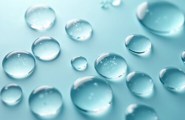Transparent gel drops, blue background. Antibacterial liquid, virus protection, cosmetic product, hyaluronic acid. Hydration, skincare, facial therapy, beauty, skin care, medical concept.