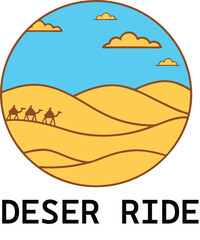 "Desert Ride" Emblem: Circular Landscape Featuring Camels Traversing Sand Dunes Under a Blue Sky with Clouds, Ideal for Travel and Adventure Themes.