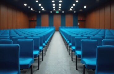 Naklejka premium Empty conference hall. Blue chairs arranged in rows. Venue ready for event meeting or presentation. Auditorium interior design with symmetry and modern elements.