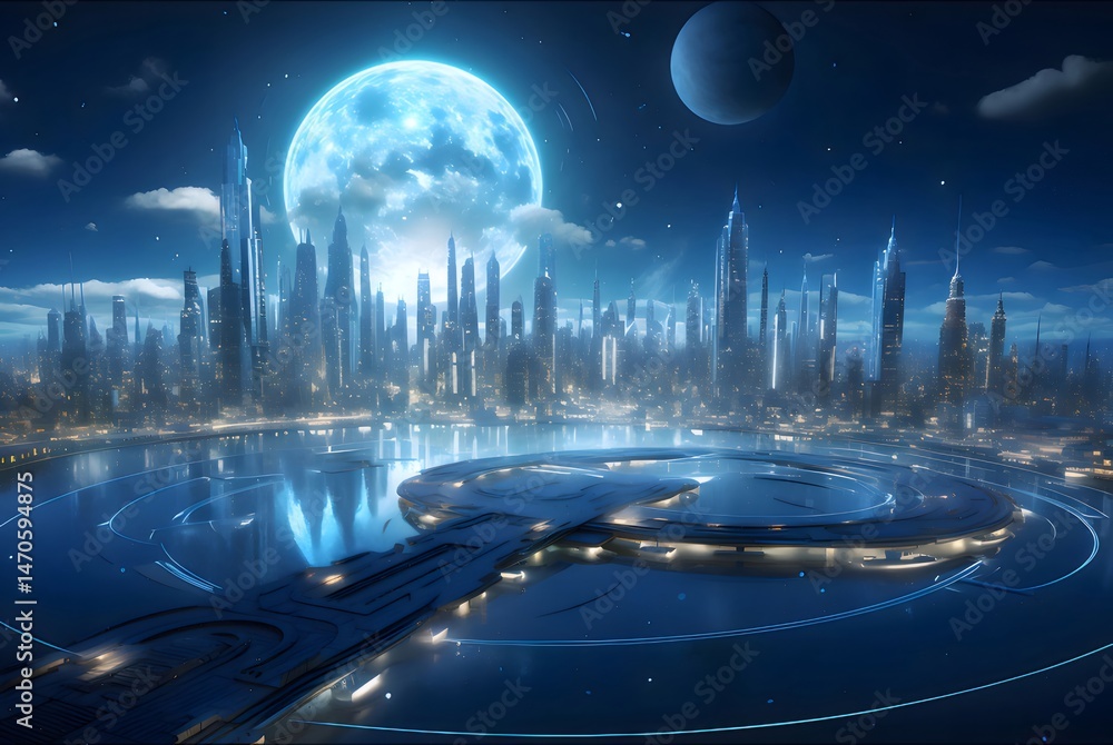 Aufkleber 青い光が輝く未来都市の夜景 月と水面の反射が幻想的な都市景観