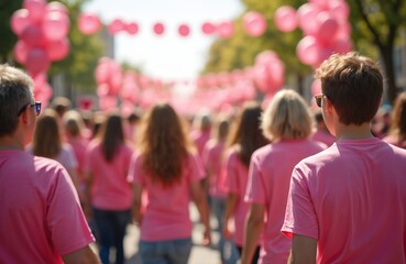 Community event participants wearing pink shirts walk under decorations, balloons in sunny afternoon. Charity walk, awareness campaign for health. Festive parade, people gathering together outdoors