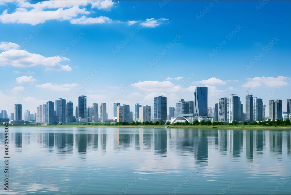 Poster 穏やかな都市景観 青空の下で水面に映る高層ビル群