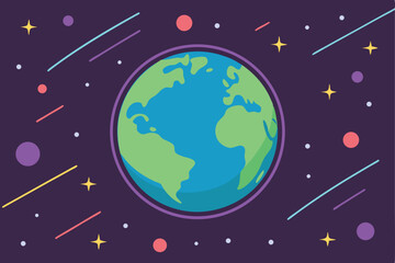 Vibrant Earth in Space: Stylized Planet Globe Surrounded by Stars, Planets, and Meteor Trails, Representing Cosmic Wonder and Global Exploration