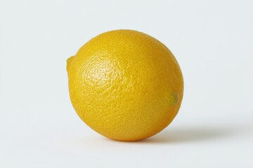 A single lemon sits on a white background. The bright yellow color of the fruit contrasts sharply with the clean background.