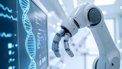 Futuristic robotic technology features a blue screen cyborg arm and hand