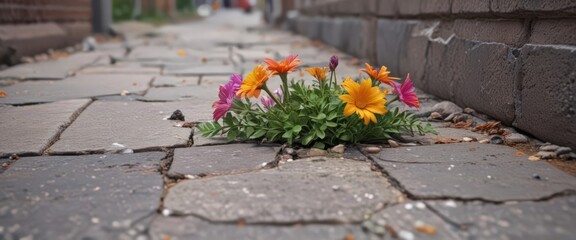 A vibrant flower bursts forth from a fractured sidewalk, showcasing tenacious life ,  wild,  texture
