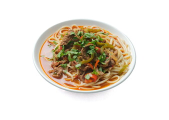 Traditional Uyghur lagman with hand-pulled noodles, beef, vegetables, and rich spicy broth, topped with fresh herbs.