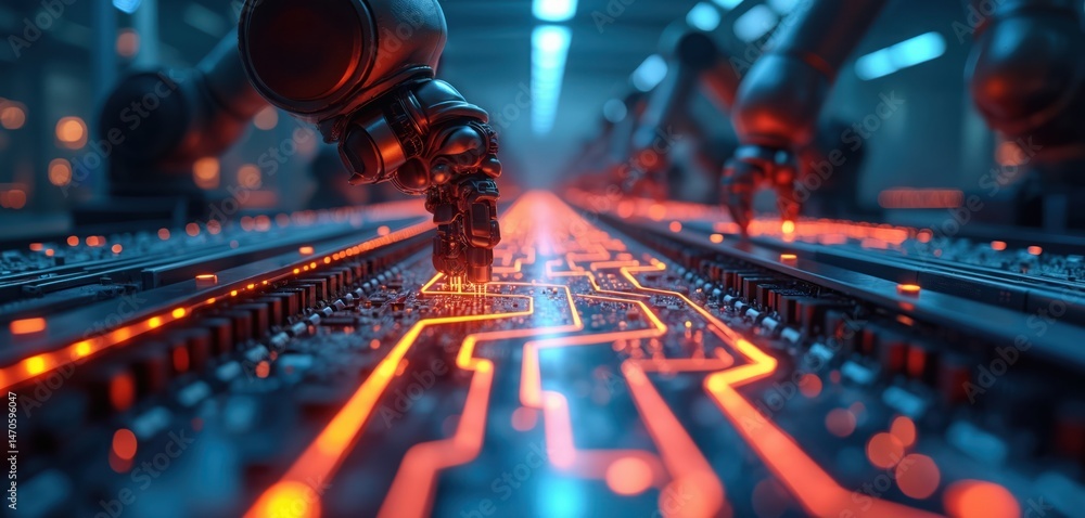 Fototapete futuristic smart factory with ai-driven robotic arms. automated production lines, glowing digital wo