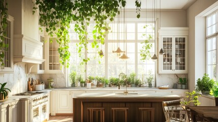 Sunlit Kitchen with Hanging Plants and Island