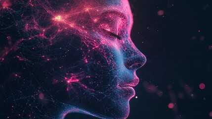 Obraz premium Abstract digital face art pink blue network lines design data glow dark woman future modern energy