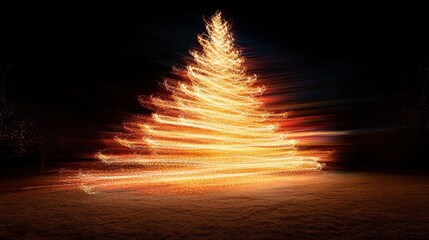 Blurred Photo of a Glowing Christmas Tree with Twinkling Lights, Creating a Festive Holiday Mood