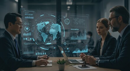 Professionals collaborating on a global business innovation strategy using futuristic data dashboards and interfaces in a modern corporate setting