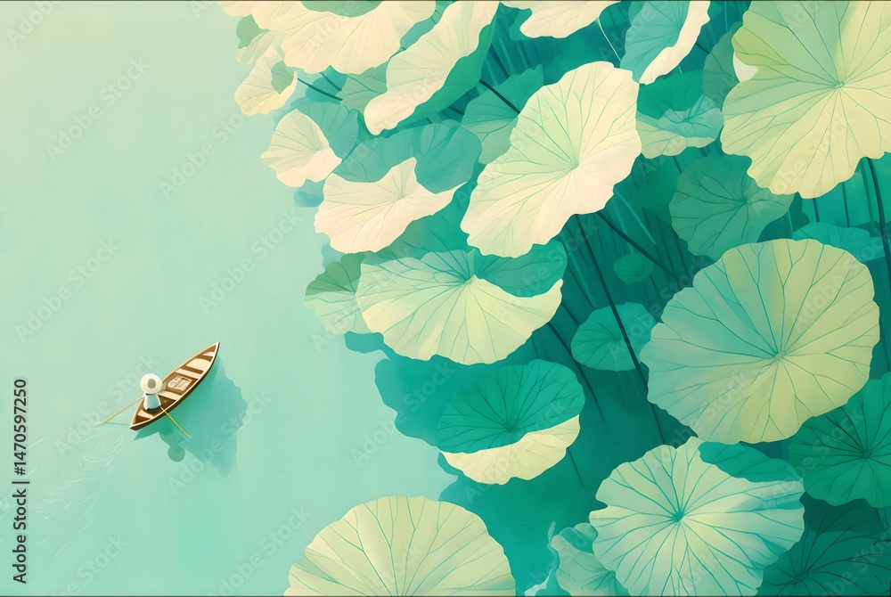 Poster ターコイズの池に浮かぶボートと蓮の葉の空中写真 静かで穏やかな夏の日 水彩イラストスタイル
