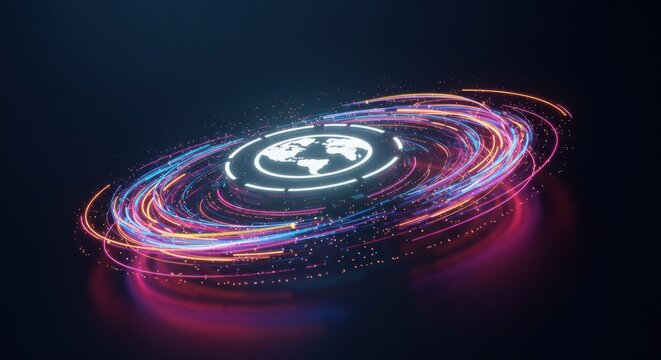 Futuristic visualization of global data and connectivity with dynamic light trails representing innovation, technology, and digital strategy - Powered by Adobe