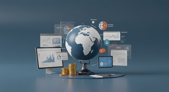 Economic data analysis model, Financial dashboard graph, Market trend insight, Business report visualisation, Global finance indicator, Investment report interface