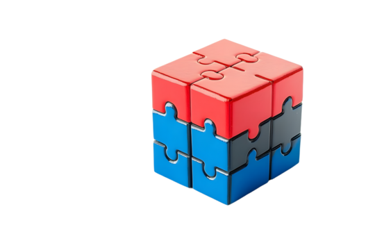 A puzzle cube with a red top on a white background. Space for text. - Powered by Adobe