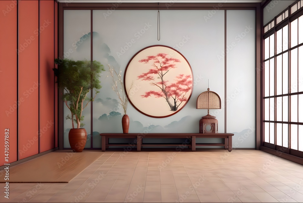 Aufkleber 日本の伝統的なインテリア 紅色の壁と木の要素と明るい窓を備えた畳の部屋 落ち着いた空間デザイン