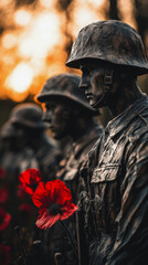 Close-up of weathered bronze soldier statues in helmets, in profile, with vibrant red poppies in the foreground and a warm, blurred sunset background, symbolizing honor