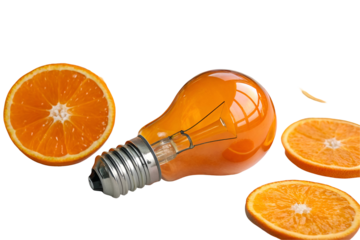 This isolated orange light bulb, a bright electric object with a transparent glass bulb, represents an idea and energy-efficient lighting technology on a white background