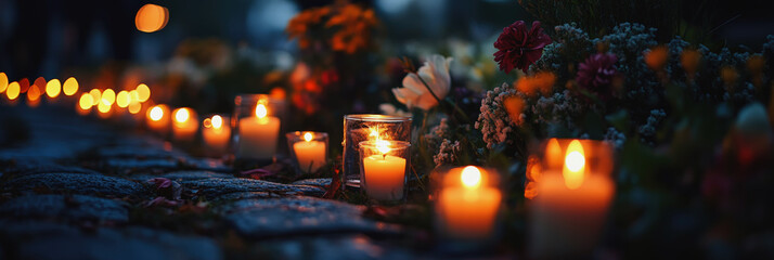 Fototapeta premium A row of lit candles in glass holders illuminates a cobblestone path at dusk, with colorful flowers blurred in the background, creating a serene, warm, and respectful memorial scene