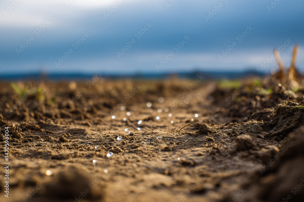 Aufkleber raindrops falling on freshly tilled field, creating tiny craters in precise furrows