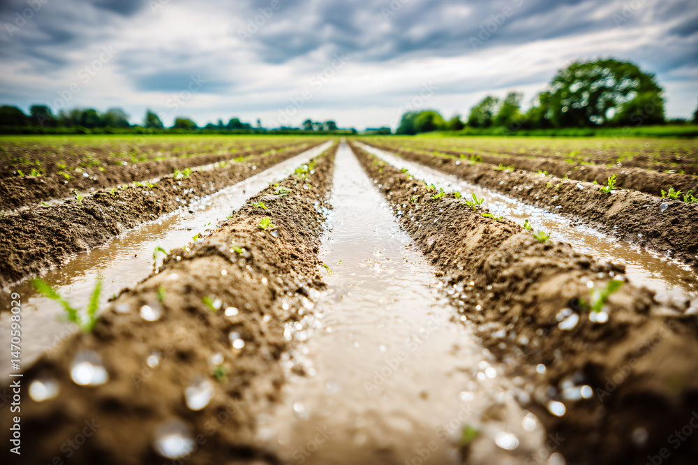 Fototapete raindrops falling on freshly tilled field, creating tiny craters in precise furrows