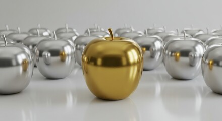 Product differentiation concept. Golden apple standing out from identical silver apple, highlighting uniqueness, branding, innovation, leadership and creative product positioning strategy