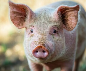 Cute portrait of a pig raised outdoors in the wild with copy space