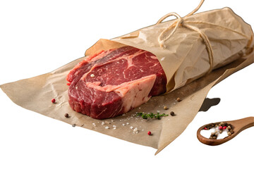 Fresh raw pork chops alongside other raw meat and vegetables, seasoned with spices, await cooking on a white butcher board