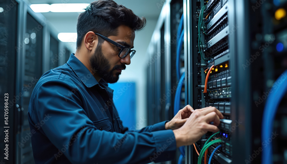 Poster Indian engineer works in data center. Man fixes servers, checks updates, monitors tech equipment. IT specialist working with cables. Cyber security, data storage concept.