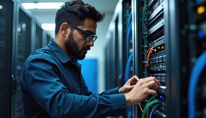 Indian engineer works in data center. Man fixes servers, checks updates, monitors tech equipment. IT specialist working with cables. Cyber security, data storage concept.