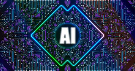 The central microchip with the inscription is surrounded by glowing conductors, creating a cyber-tech style. The dark background and neon lighting emphasize the effect of the motherboard of the future