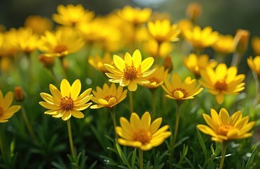 Fototapeta premium Close-up of fresh yellow lesser celandine flowers, also known as Ficaria verna, in full bloom. Beautiful spring floral background with bright yellow petals and green leaves, sunny day in garden.