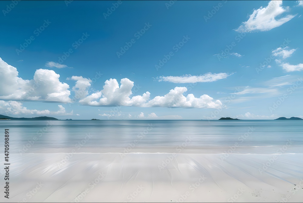 Aufkleber 澄み切った青い空と白い雲の下の穏やかな青い海と白い砂浜のある穏やかなビーチの風景