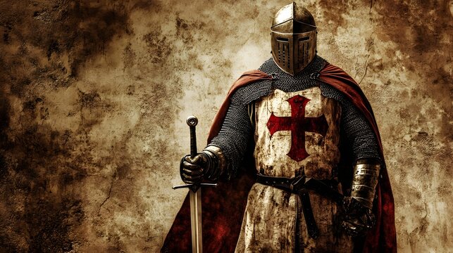 Man dressed as a medieval knight with armor and a sword