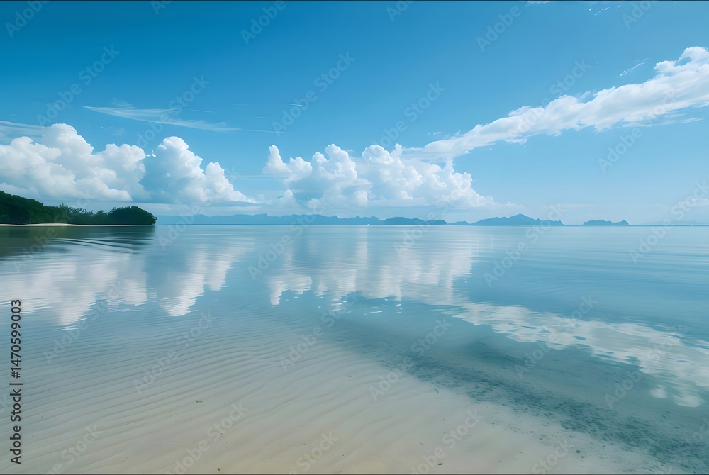 Aufkleber ターコイズ色の空と雲が反射する穏やかな海と白い砂浜の海岸線 静かで平和な熱帯の楽園のビーチ