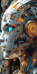 Fototapeta premium Detailed close-up of a futuristic cyborg head showcasing complex mechanical components and a single glowing blue eye
