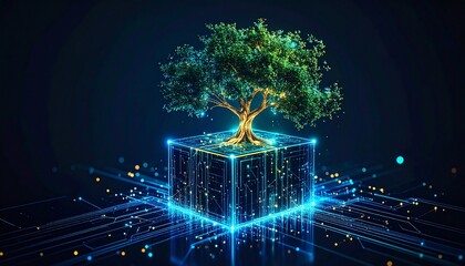 Futuristic tree sprouting from glowing blockchain cube with network connections. Perfect for fintech, green technology, digital growth, sustainability, innovation, eco finance, and blockchain concepts