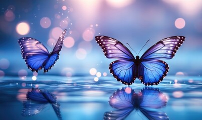 Two vibrant blue butterflies, mirrored on a water surface, amongst glowing bokeh