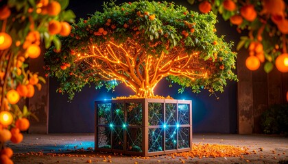 Futuristic tree sprouting from glowing blockchain cube with network connections. Perfect for fintech, green technology, digital growth, sustainability, innovation, eco finance, and blockchain concepts
