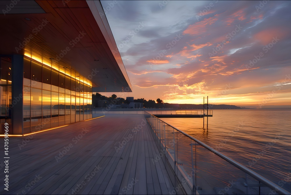 Aufkleber オレンジ色の夕焼け空の下で輝く港の建築物と反射光が美しい日本の海の風景