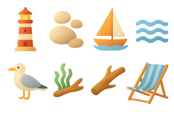 Seaside elements icons set &ndash; lighthouse, sailboat, seagull, waves, deck chair. Flat icon set